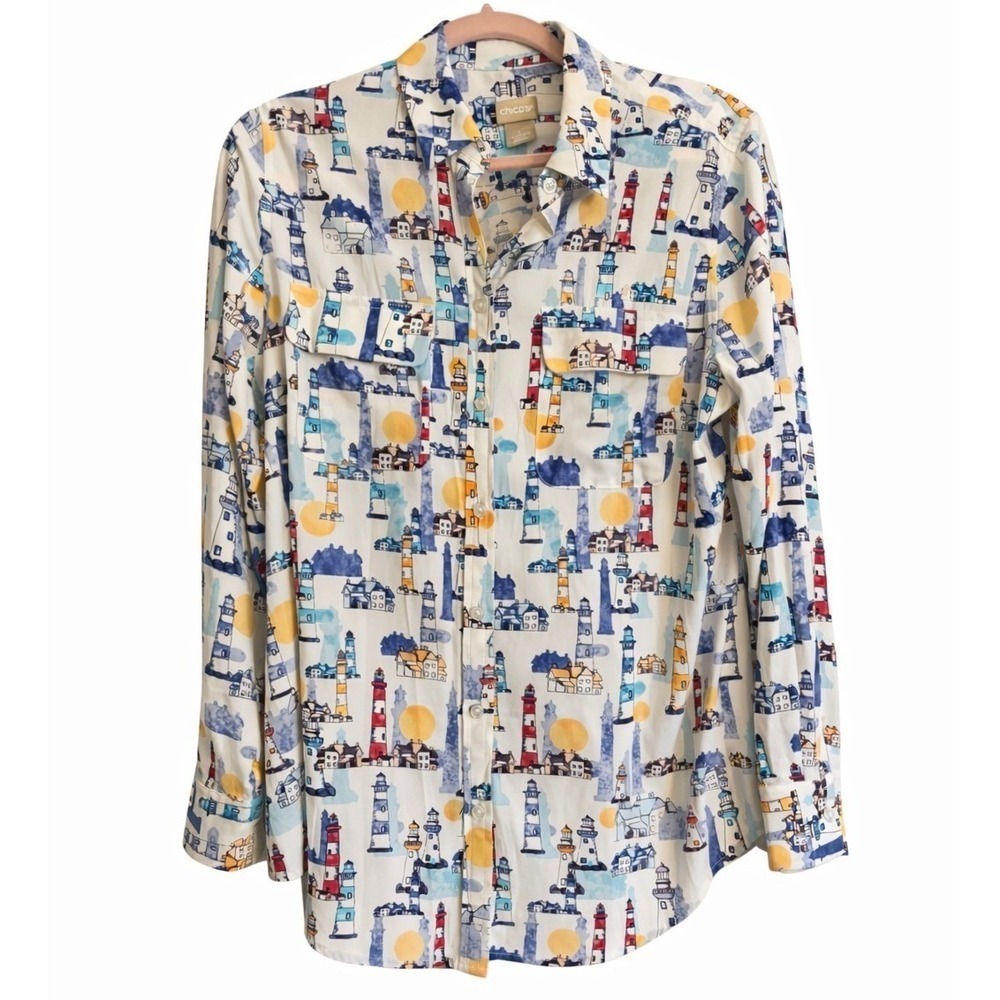 Chico's Lighthouse Print Button Down Blouse Size 1 Large Coastal Nautical Preppy